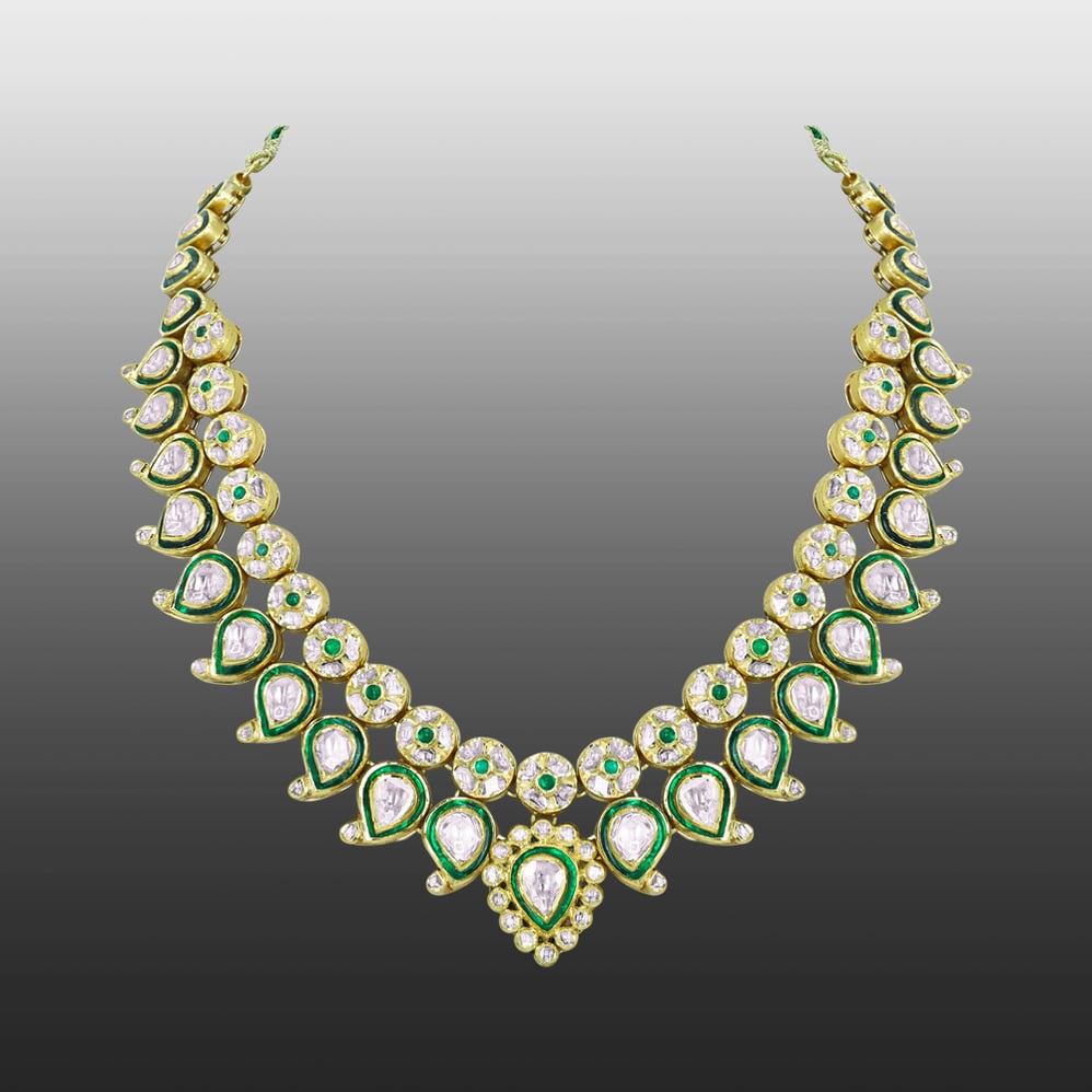 Green Enamel Polki Necklace with Bud Design